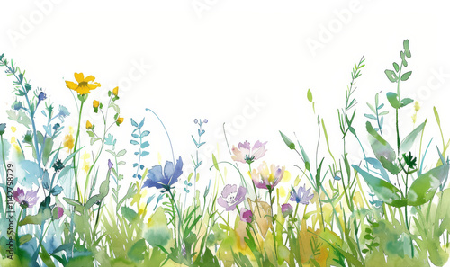 Spring meadow watercolor with wildflowers and grass on white. Children's Book Illustration
