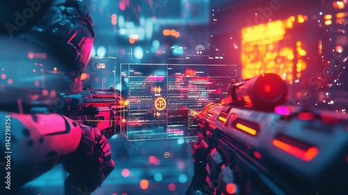 A futuristic scene featuring two armored figures aiming advanced weaponry at a digital interface filled with vibrant colors and code.