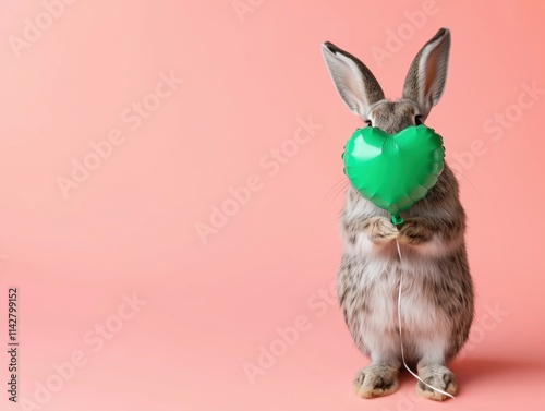 Cute rabbit holding a green heart balloon in front of its face on a pink background. Perfect for concepts like love, Easter, and Valentine's Day. photo