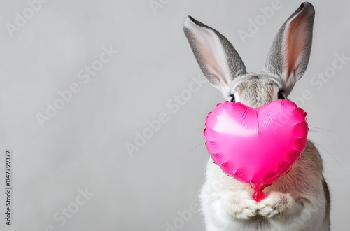 Adorable rabbit holding a pink heart balloon in front of its face against a soft gray background. Ideal for concepts of love, Valentine's Day, and celebration. photo