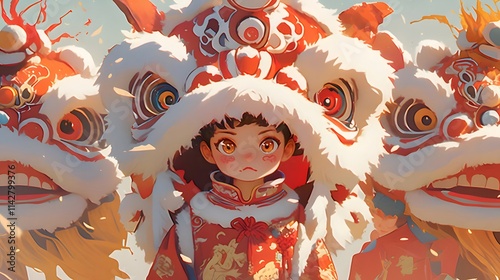 Young girl in traditional Chinese clothing surrounded by lion dance costumes. photo