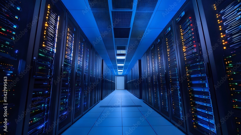 Server room with rows of data center racks and glowing lights. Server room with rows of data center racks and glowing lights.