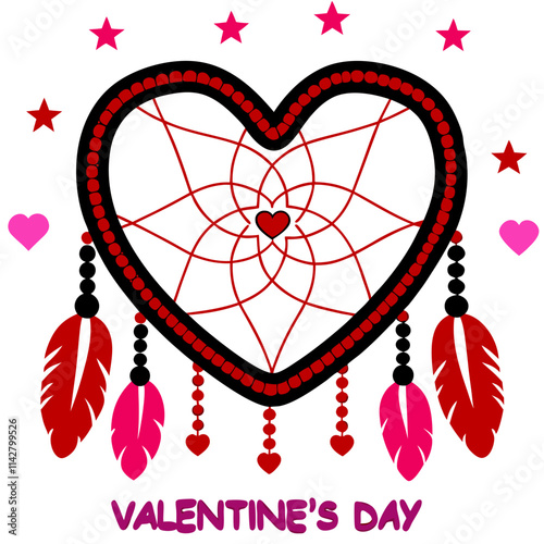 Valentine's Day colors like red, pink, and white. dreamcatcher with intricate webbing, beads, and dangling feathers in  