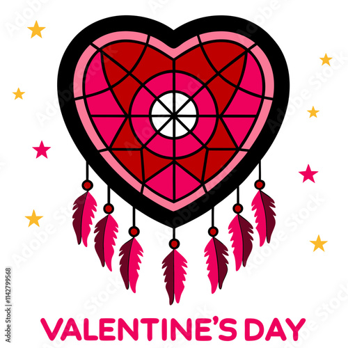 Valentine's Day colors like red, pink, and white. dreamcatcher with intricate webbing, beads, and dangling feathers in  