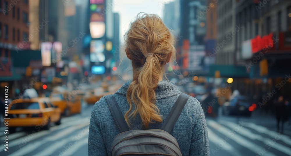 A woman with a backpack is standing on a busy city street A woman with a backpack is standing on a busy city street