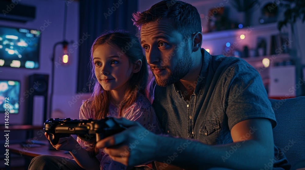A Caucasian father and daughter joyfully playing video games together in a cozy, dimly lit living room. A Caucasian father and daughter joyfully playing video games together in a cozy, dimly lit living room.