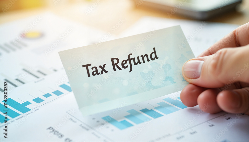 Hand holding tax refund check with Hand holding tax refund check with