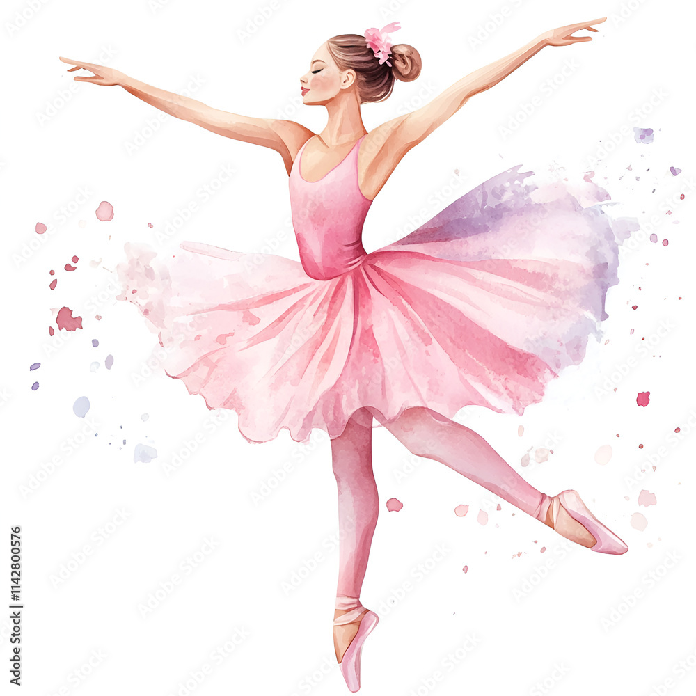 Watercolor ballerina in pink tutu and pointe shoes dancing. Cartoon watercolor ballerina in pink dress and pointe shoes on a white isolated background. Watercolor ballerina in pink tutu and pointe shoes dancing. Cartoon watercolor ballerina in pink dress and pointe shoes on a white isolated background.