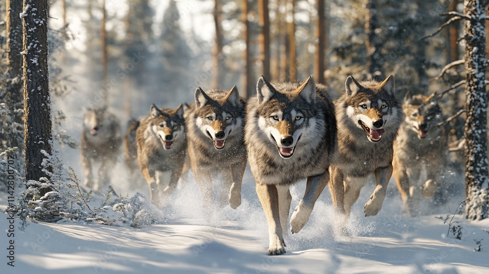 A pack of gray wolves running through a snowy forest, showcasing their strength and agility in a stunning winter landscape. A pack of gray wolves running through a snowy forest, showcasing their strength and agility in a stunning winter landscape.