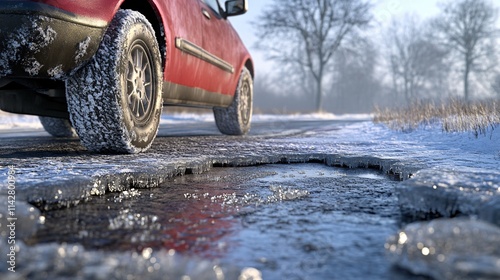 A red SUV parked on a snowy road, showcasing icy patches and winter trees in the background.