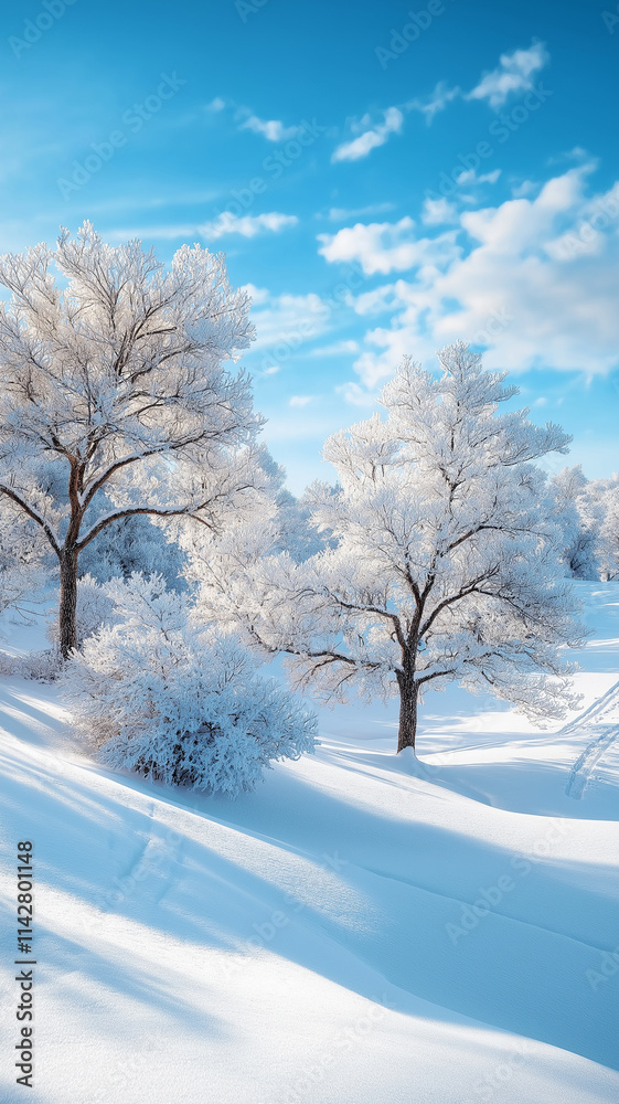 serene winter landscape with frosted trees and snow serene winter landscape with frosted trees and snow