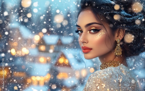 An elegant Indian woman with metallic gold eye makeup and glossy coral lips, set against a Christmas village covered in snow photo