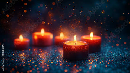 A group of lit candles shown as glowing dots, representing the festival of lights. photo