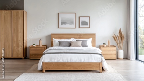Modern Minimalist Bedroom Interior with Wooden Furniture and Cozy Bedding in Bright Natural Light