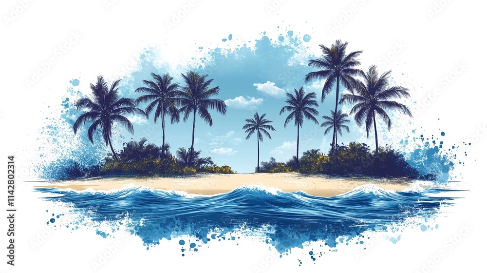 Obraz premium A serene beach scene with palm trees and waves.