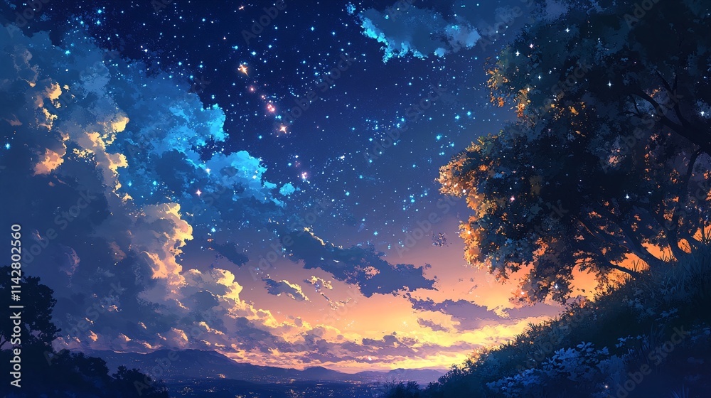 A serene and enchanting starry night sky above a vast valley.