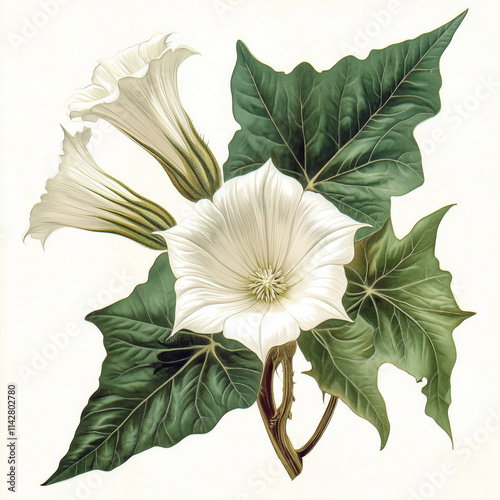 botanical illustration with Medicinal plant Datura with white flower drawing isolated on white background 