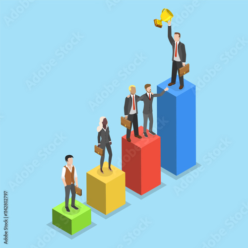 3D Isometric Flat Vector Illustration of Successful Teamwork, Accomplishment or Reaching Business Goal