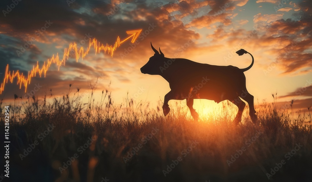 Bull silhouette running in sunset field with upward stock market graph. Bull silhouette running in sunset field with upward stock market graph.