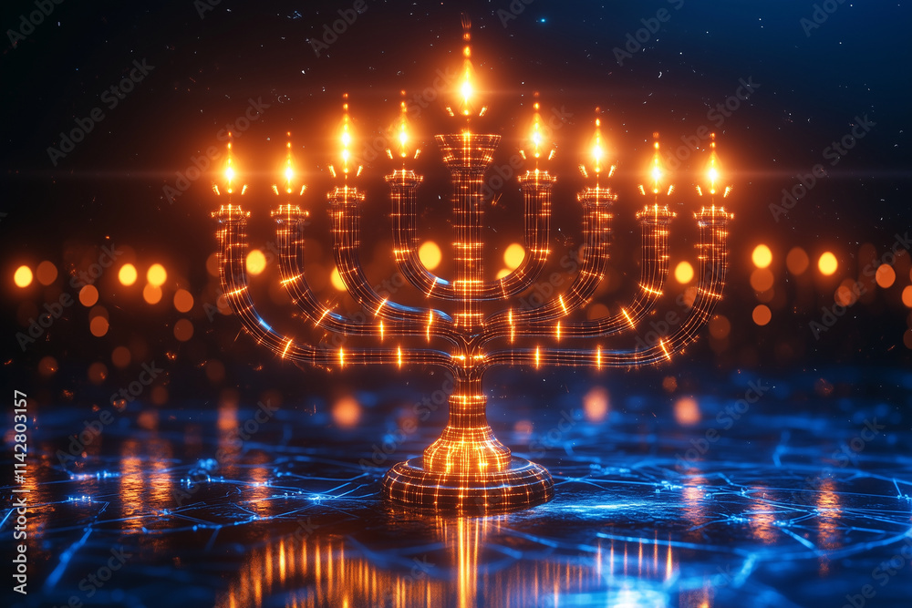 Fototapeta premium A menorah drawn with a continuous line, surrounded by small glowing circles.