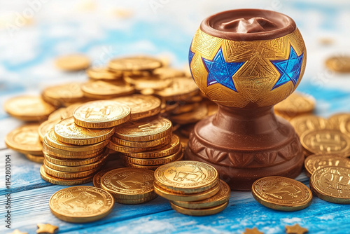 A dreidel placed next to a small pile of chocolate gelt coins, shown in a clean flat design.