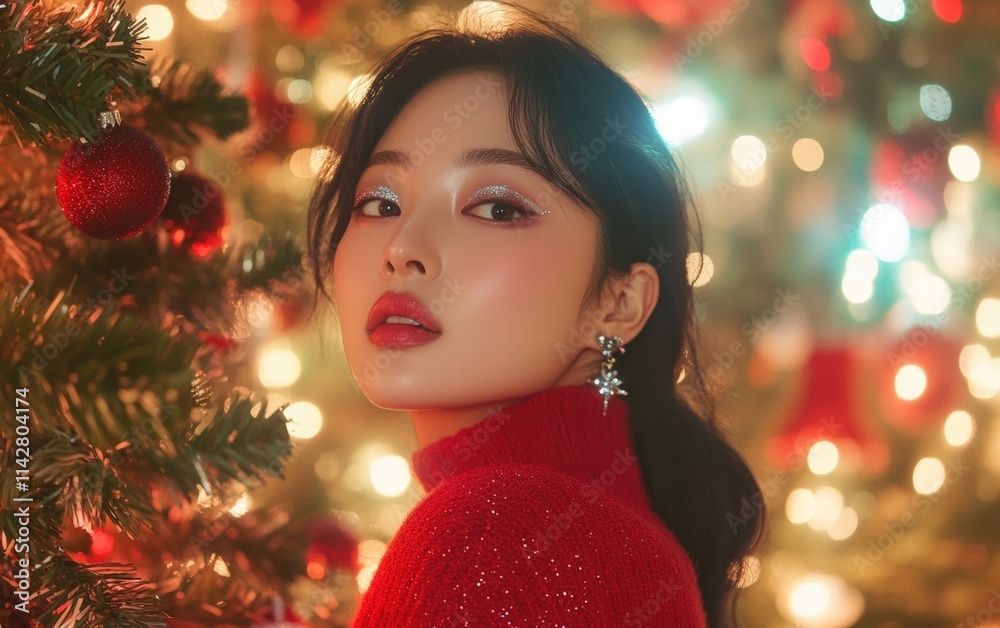 A South Korean woman in a stylish red holiday sweater with shimmering silver eyeshadow and pink lips, standing in front of a glowing holiday tree A South Korean woman in a stylish red holiday sweater with shimmering silver eyeshadow and pink lips, standing in front of a glowing holiday tree