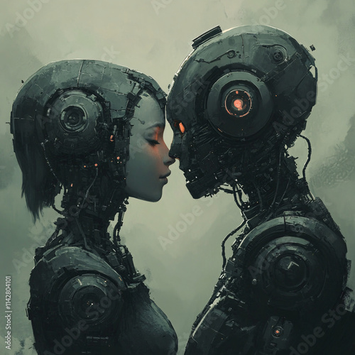 Cyborg couples in romantic and relaxed settings, symbolizing futuristic love, blending human and robotic features, technology, and emotional connection with artistic and vibrant visual details. photo