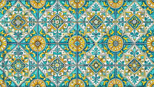 Lisbon geometric Azulejo tile vector pattern, Portuguese or Spanish retro old tiles mosaic, Mediterranean seamless turquoise and yellow design