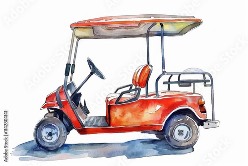 Watercolor illustration of a red golf cart. Children's Book Illustration
