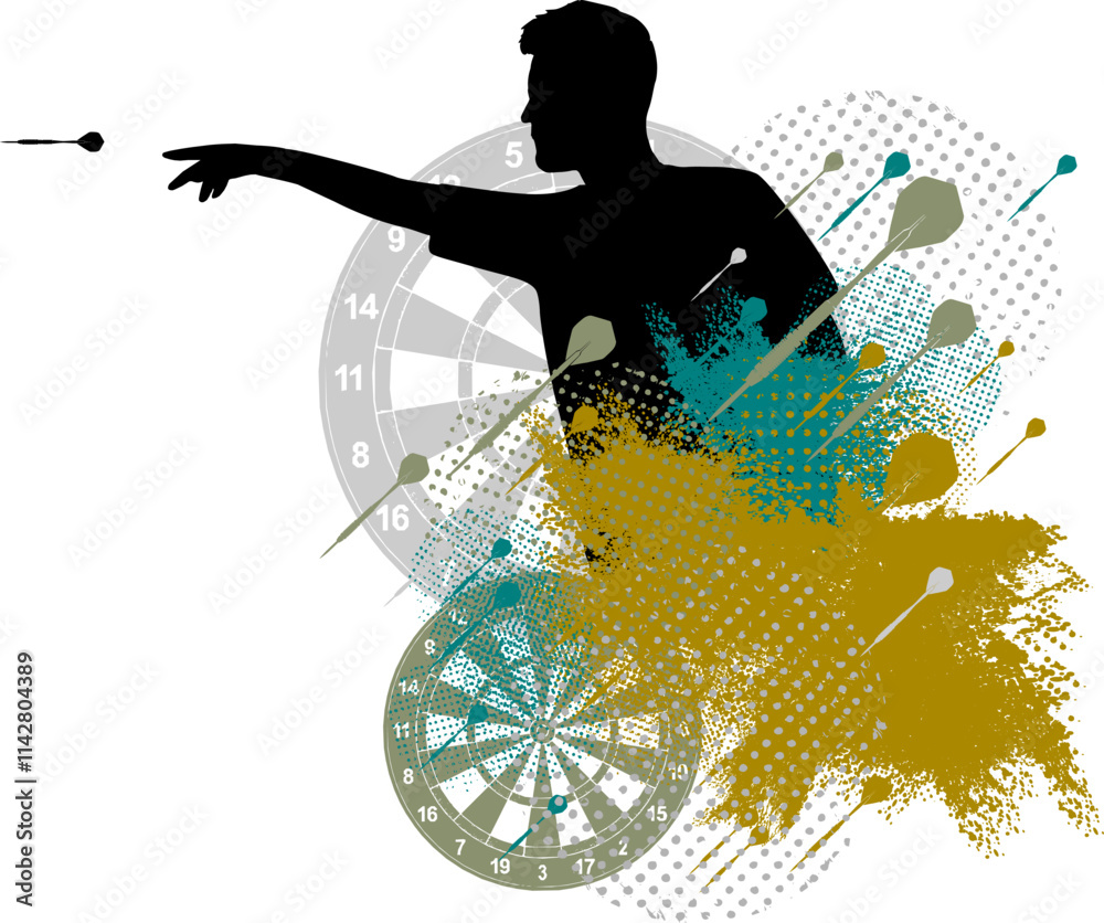 Vektor Silhouette Dart - Dartspieler zielt mit Pfeil - Abstrakt Grunge Design Darstellung mit Elementen - Vorlage - Turnier - Dartsport - Steel Darts