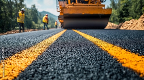 Wallpaper Mural A yellow road roller compacting fresh blacktop on a two-lane highway. Torontodigital.ca