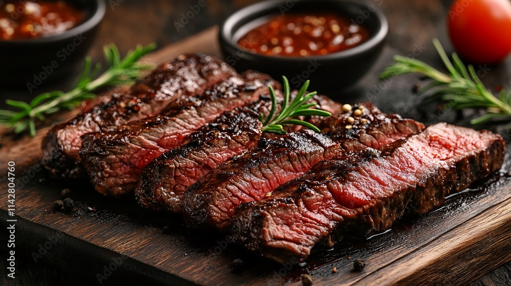 A close-up photograph of sliced grilled steak with rosemary sprigs and small black bowl of red sauce on a dark wooden cutting board.