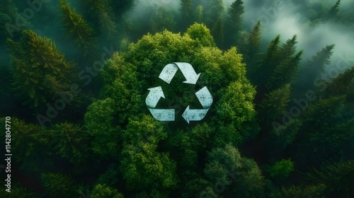 Aerial view of a forest with a recycle symbol in the center.
