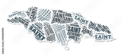 Jamaica shape text cloud. Country border with shadow on white background. Jamaica with regions division in vintage gazette style. Amazing vector illustration.