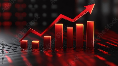 Red upward trending bar graph with arrow.