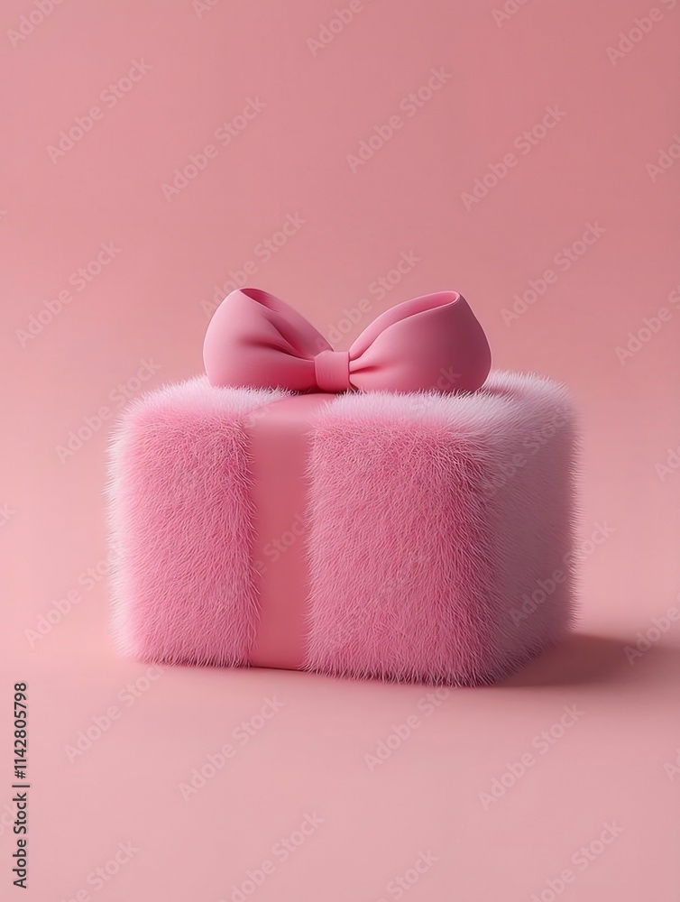 Pink fluffy gift box with ribbon bow on pink background. Pink fluffy gift box with ribbon bow on pink background.