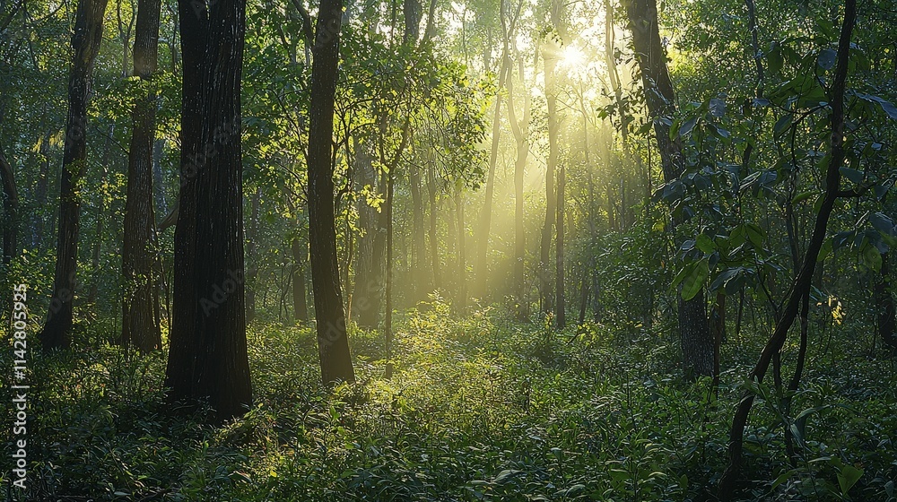 Sunbeams illuminate a lush, misty forest path at sunrise. Sunbeams illuminate a lush, misty forest path at sunrise.
