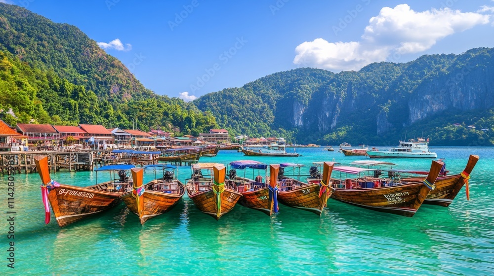 Scenic Village with Boats Along the Shoreline Scenic Village with Boats Along the Shoreline