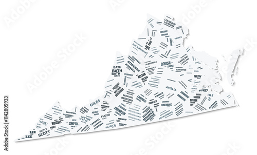 Virginia shape text cloud. State border with shadow on white background. Virginia with counties division in vintage gazette style. Elegant vector illustration.