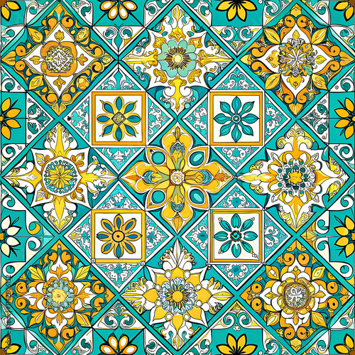 Lisbon geometric Azulejo tile vector pattern, Portuguese or Spanish retro old tiles mosaic, Mediterranean seamless turquoise and yellow design