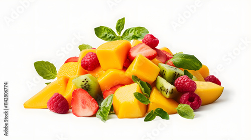 Fresh mango and fruit salad with vibrant mango chunks, strawberries, raspberries, and kiwi, garnished with mint leaves