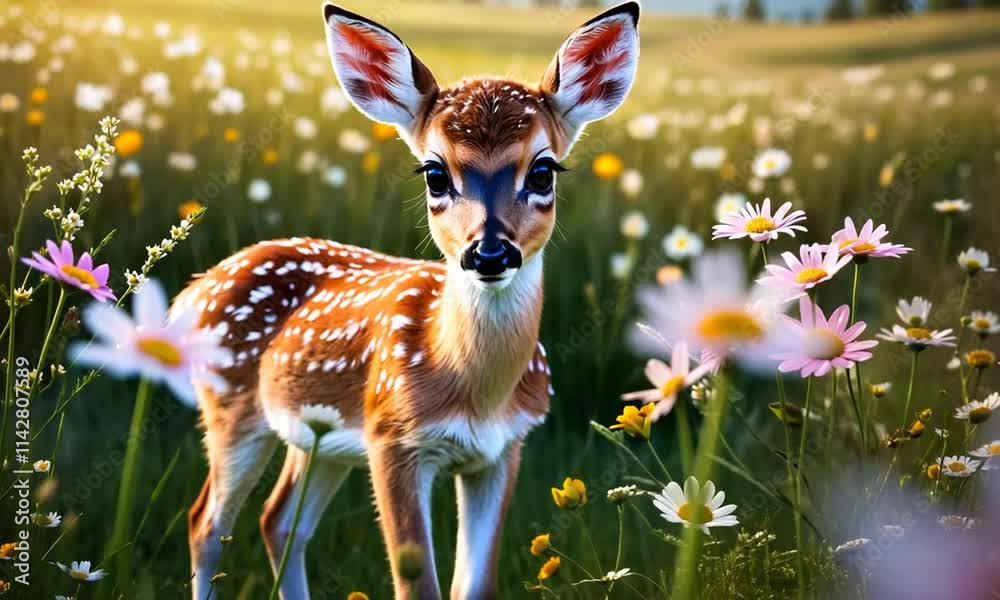 Calm spotted baby bambi deer preparing to run on sunny floral meadow