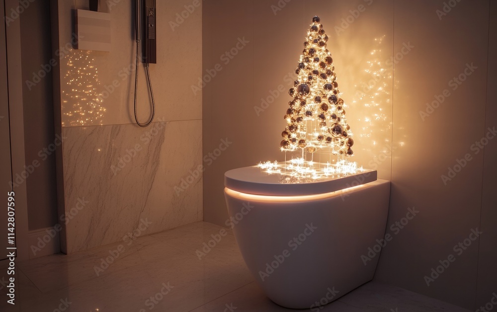 A sleek toilet installation with a small glowing Christmas tree on the tank, decorated with tiny baubles and lights A sleek toilet installation with a small glowing Christmas tree on the tank, decorated with tiny baubles and lights