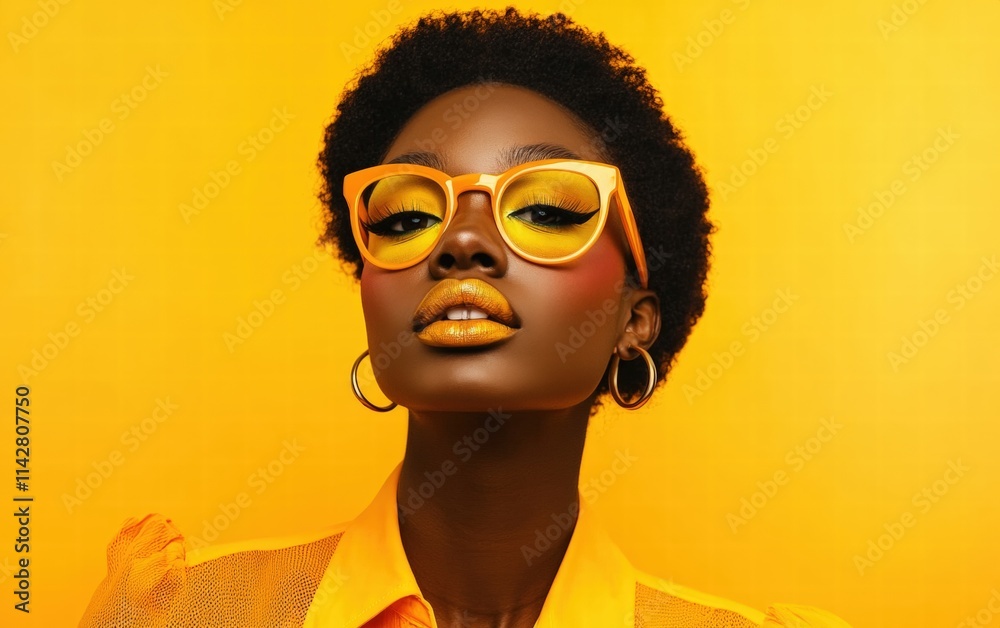Studio portrait of a stylish woman in bright clothing and bold makeup standing against a vibrant yellow monochrome background Studio portrait of a stylish woman in bright clothing and bold makeup standing against a vibrant yellow monochrome background