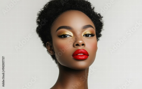 A stylish woman with soft pink blush, bold red lips, and glittering gold eyeliner set against a white background