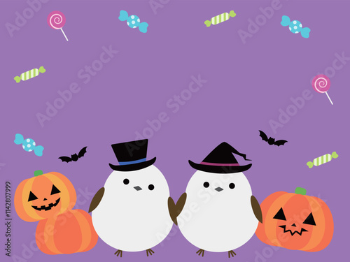 かわいいシマエナガとハロウィンの背景