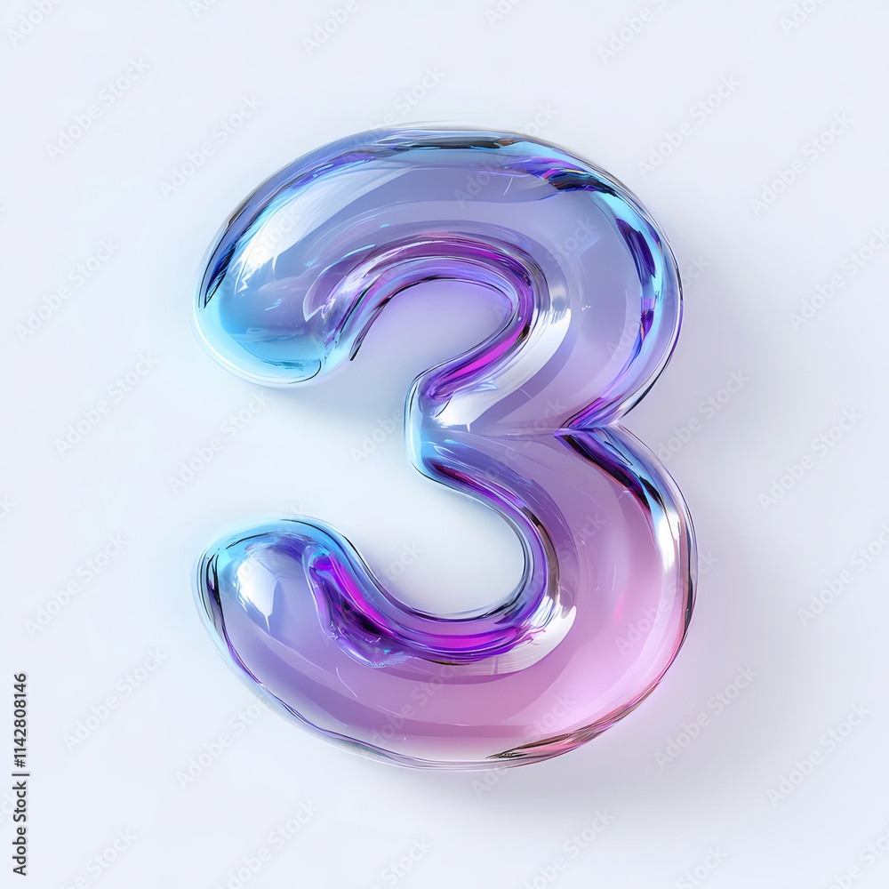 Glassy iridescent number three, 3D render. Glassy iridescent number three, 3D render.