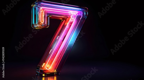 Neon number seven, vibrant colors, glass design, dark background. photo