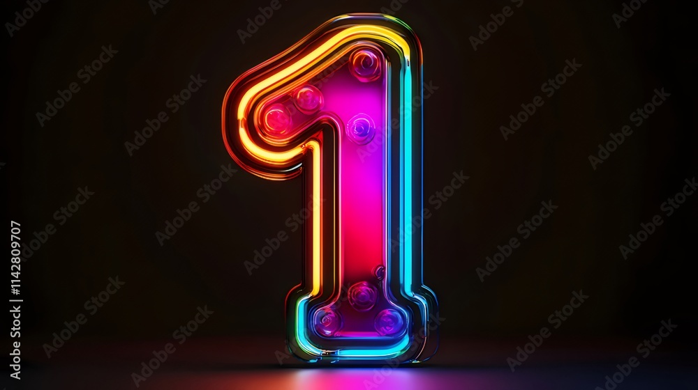 Colorful neon number one on black background. Colorful neon number one on black background.