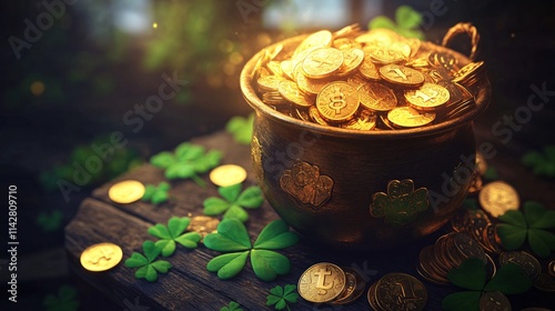 A pot of gold overflowing with shiny coins, surrounded by vibrant green clovers, evoking a sense of luck and prosperity.